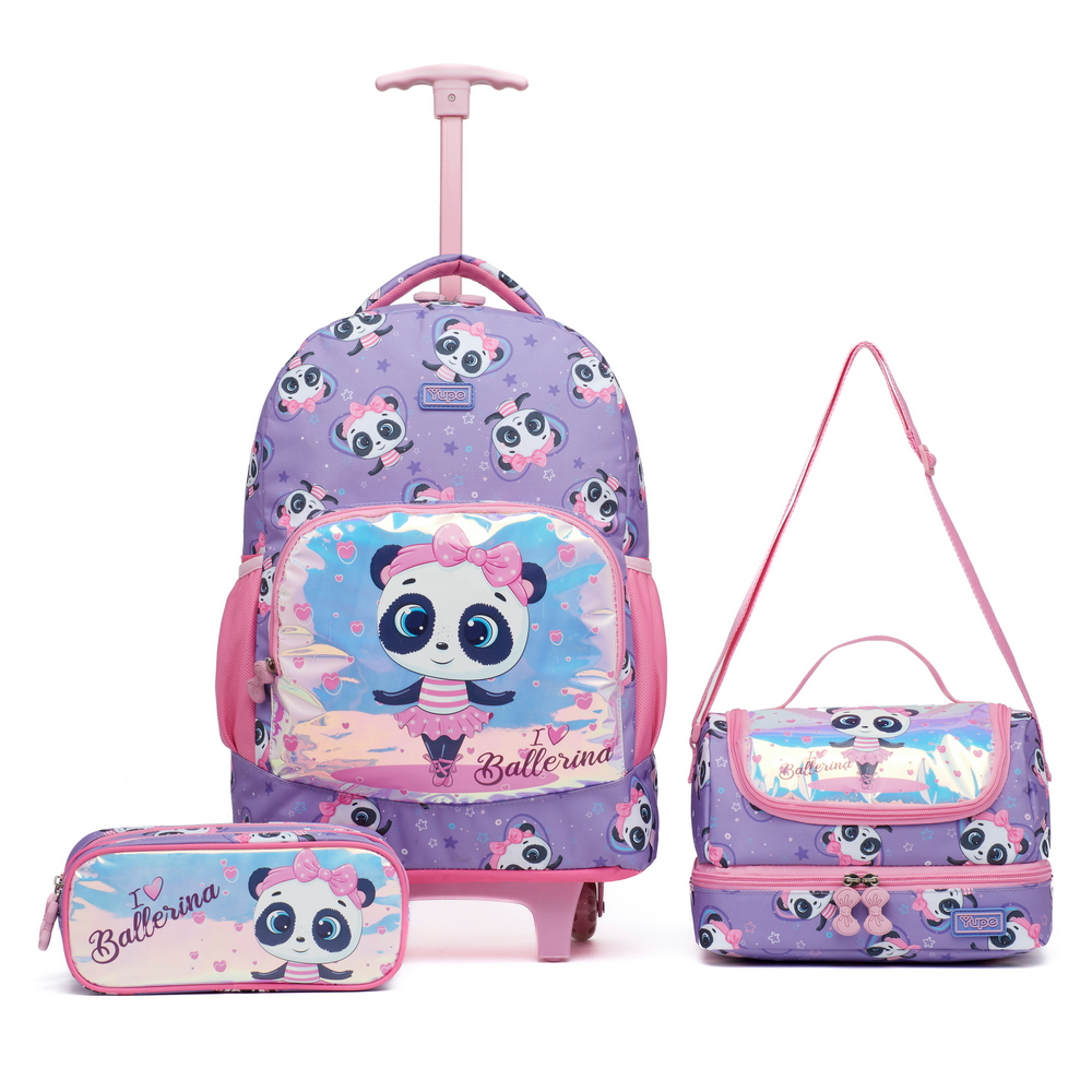 Kit Mochila Rodinhas Lancheira Estojo Reforçada Yupe Rosa