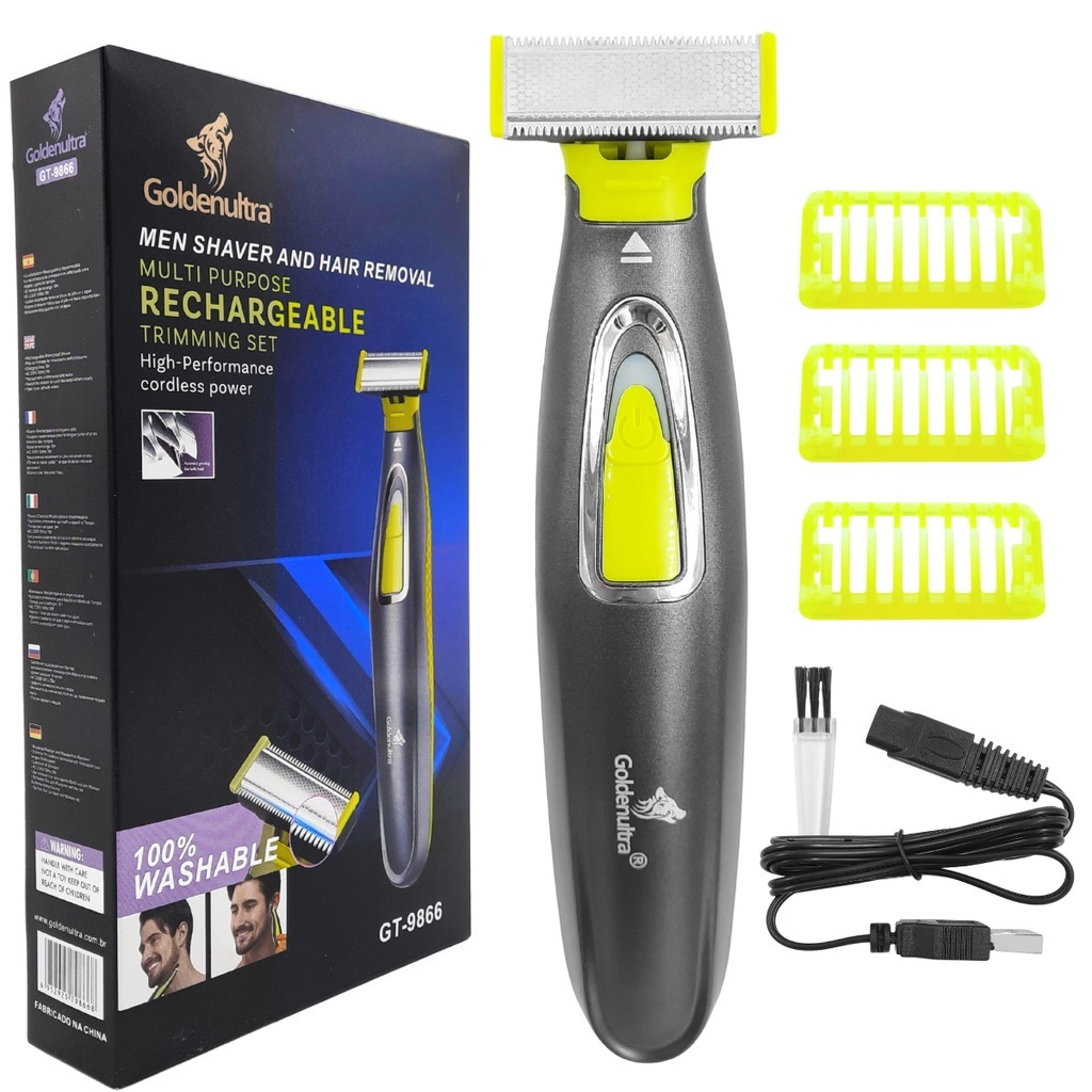 Barbeador Eletrico A Prova Dagua Usb Flexivél Profissional 110V/220V Corpo e Rosto GT-9866 Golden
