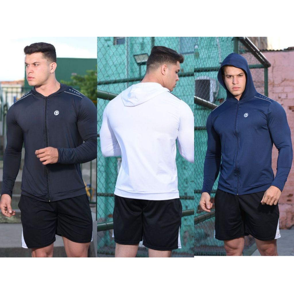 Casaco jaqueta masculino com ziper e capuz camisa Proteção solar UV50+ Praia academia