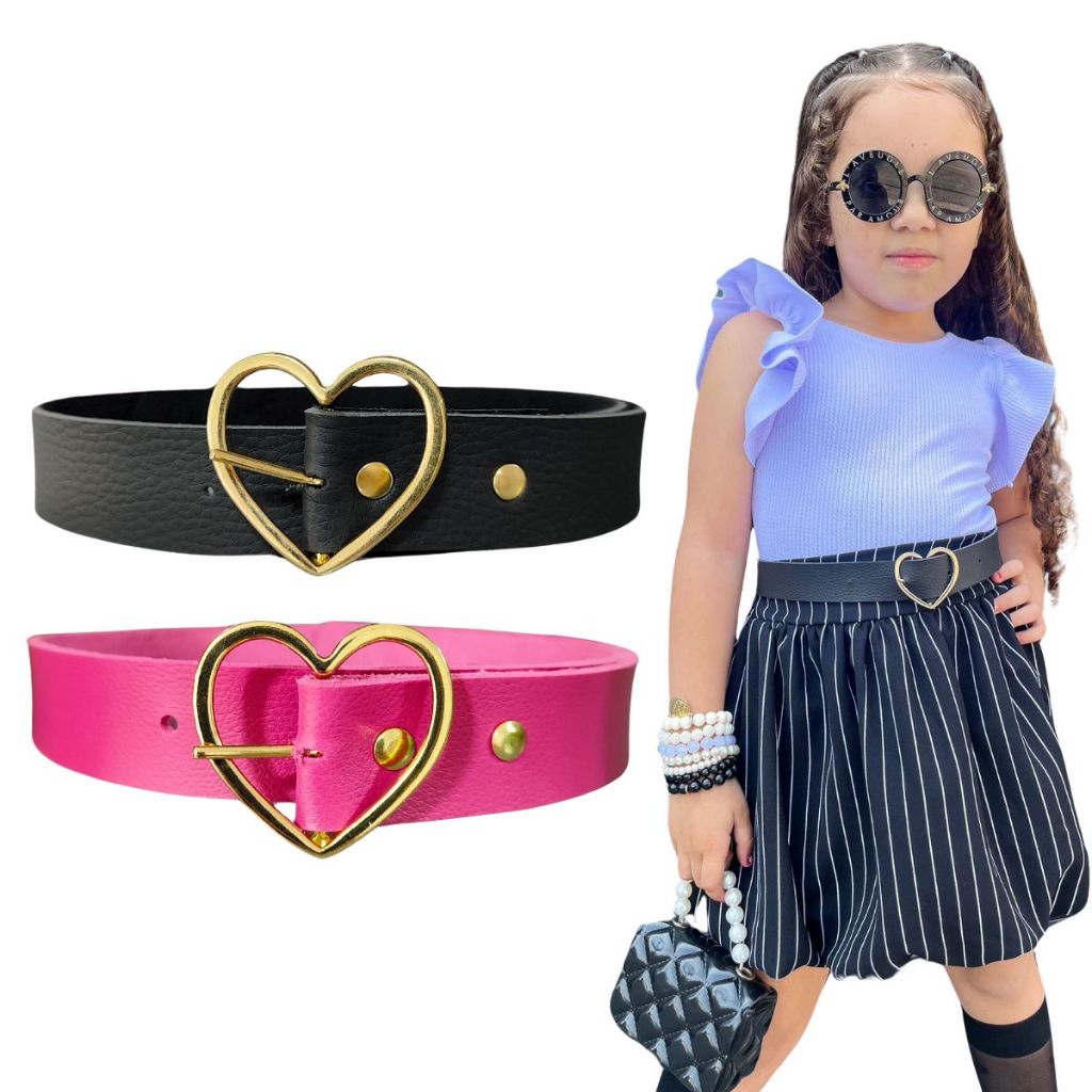Kit 2 Cintos Infantil Menina Fivela Coração Dourado Blogueirinha Ajustável Cinto Feminino Kids