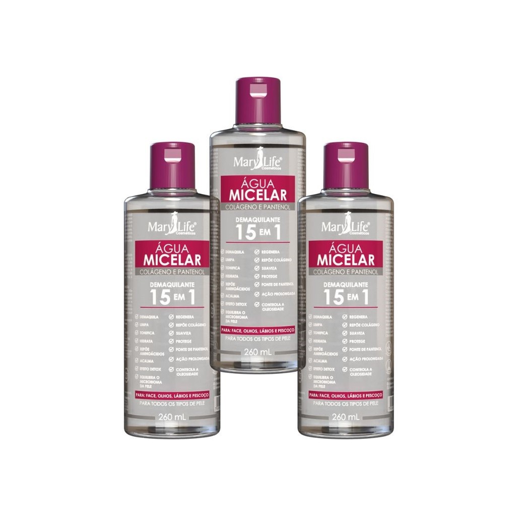 Kit c/ 3 Água Micelar Colágeno e Pantenol Demaquilante 15 em 1  Mary Life