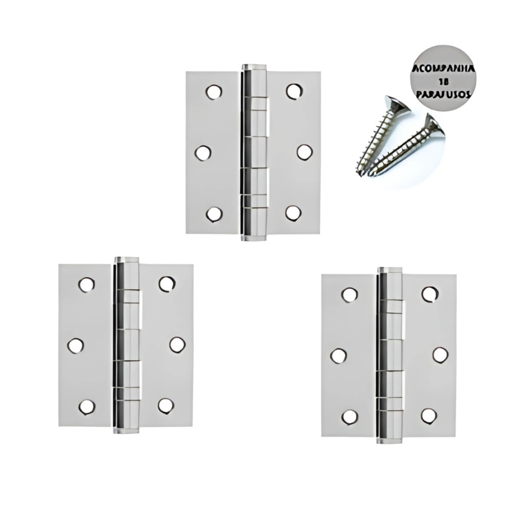 Kits Dobradiças Aço Inox N-304 com Parafusos Reforçadas Porta Madeira 3/6/9/12UN Soutimes