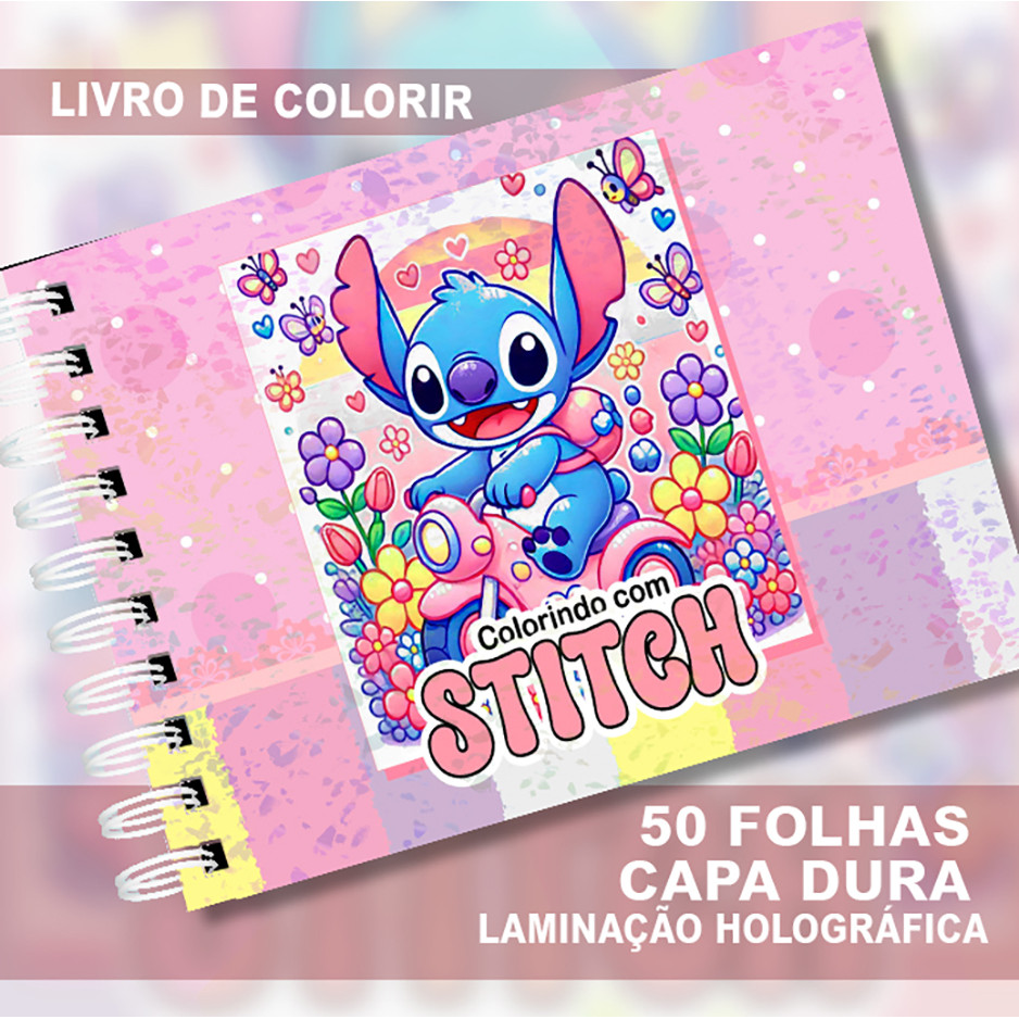 Livro de colorir STITCH capa dura e holográfica 50 folhas
