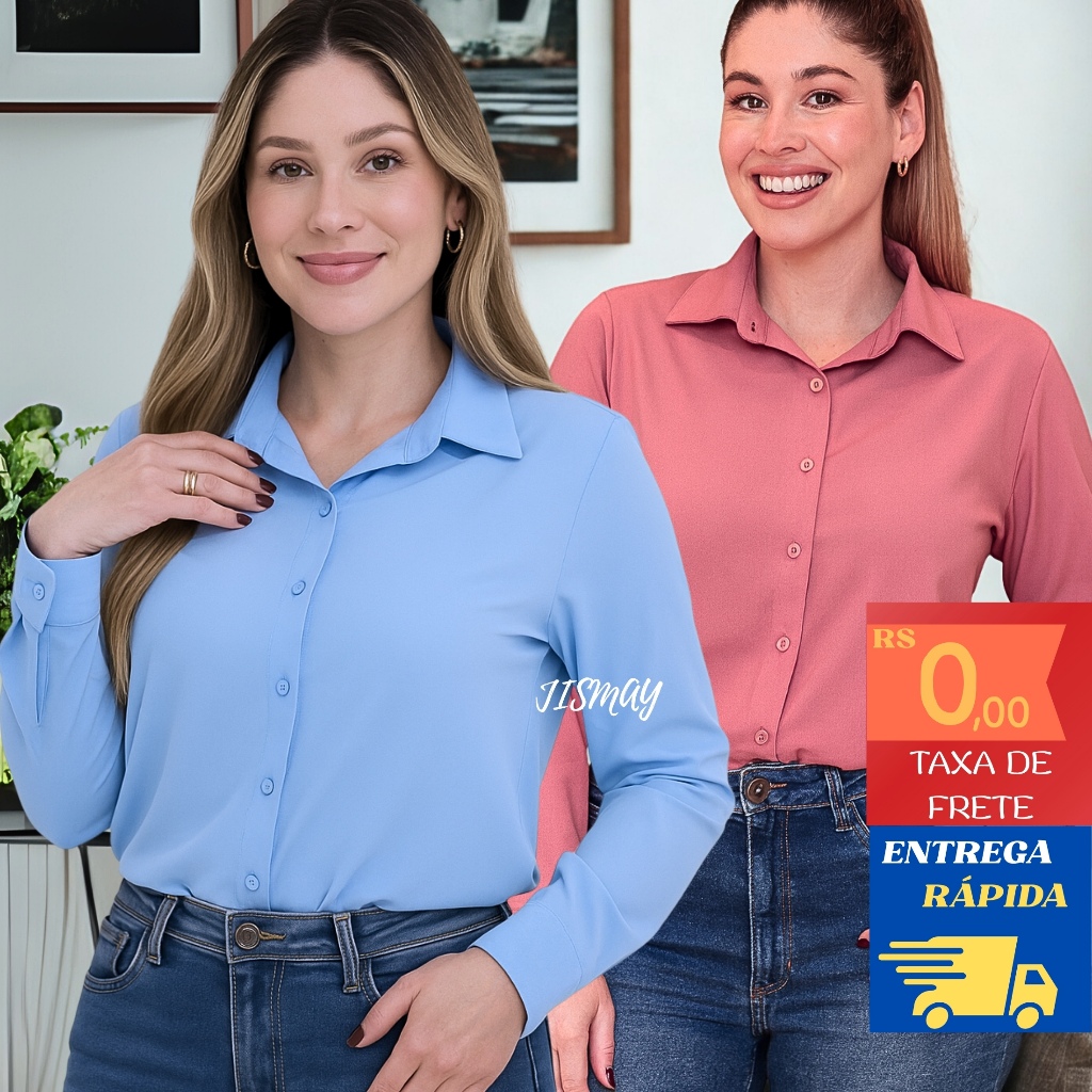 Camisa Social Feminina Elegante Crepinho Premium Manga Longa Gola Colarinho Chic Trabalho M G GG