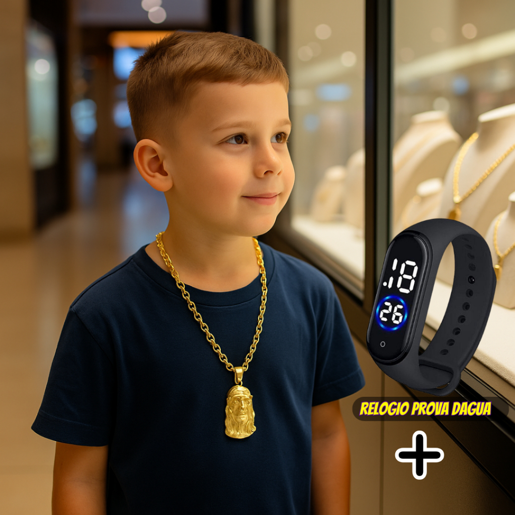 Kit  Conjunto Masculino Luxo: Infantil e Adulto Corrente Cordão Cadeado Grossa10mm + Relógio Digital