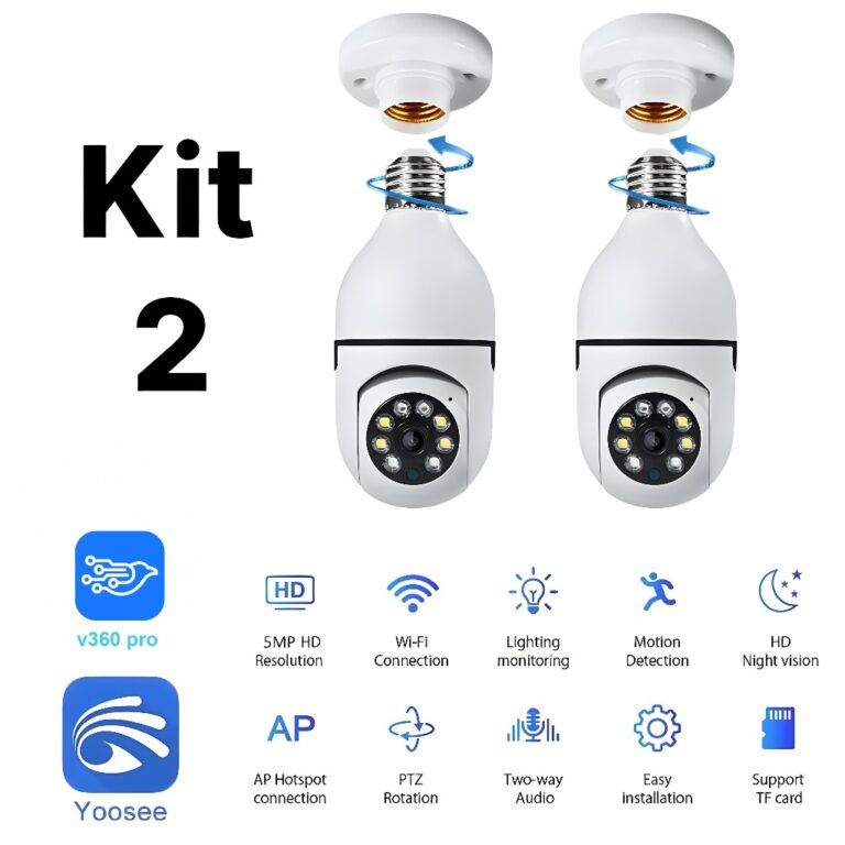 KIT 2 Câmeras Lâmpada Inteligente HD 1080P 360°