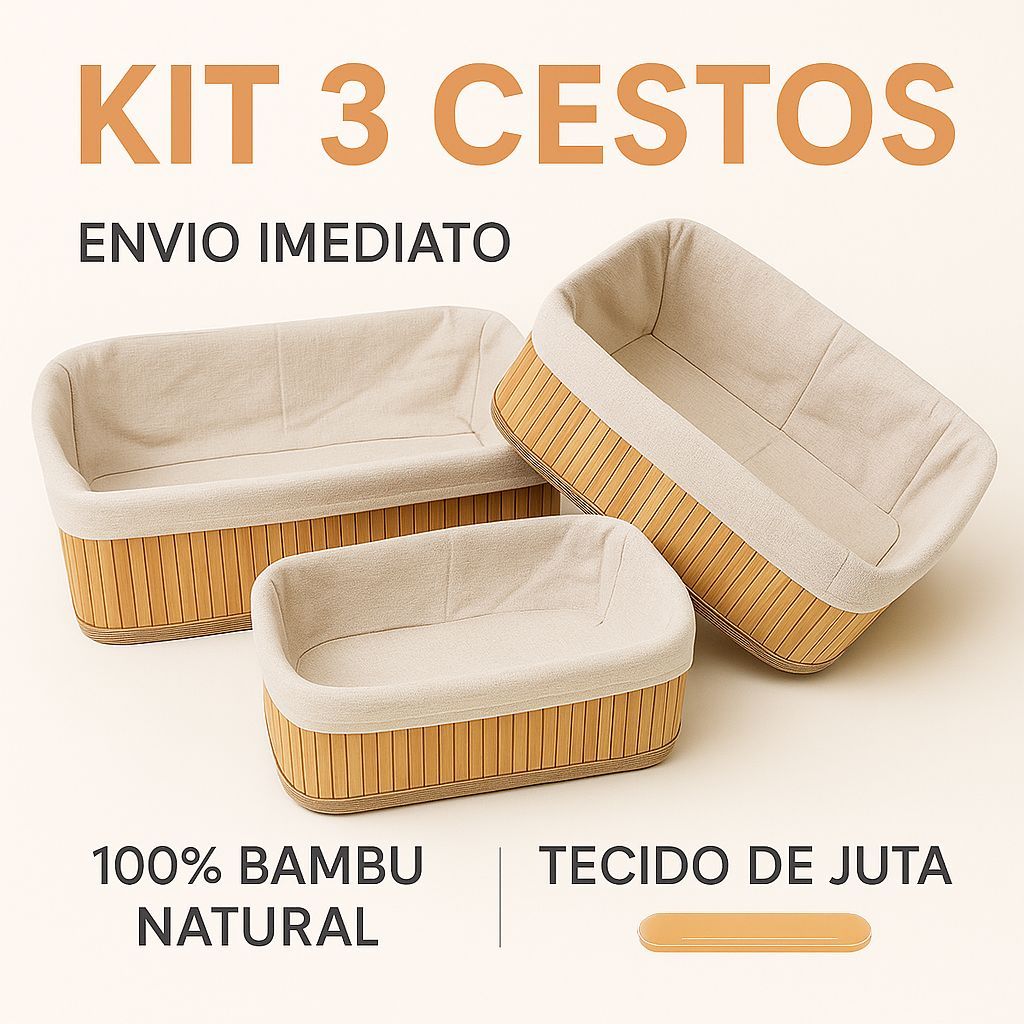 Cesto Organizador de Bambu Multiuso Forro Organizador Objetos Quarto Roupa Banheiro