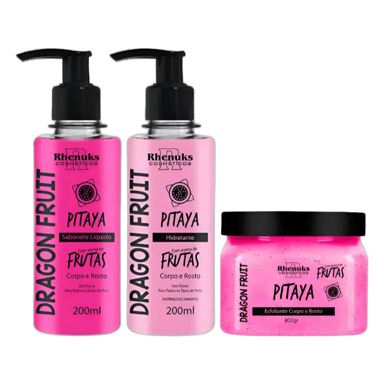 Esfoliante + Sabonete Líquido + Hidratante de Pitaya Rhenuks Corpo e Rosto Skin Care
