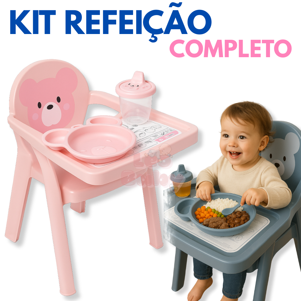 Kit Cadeirinha Alimentação Infantil Urso 3 Peças  Cadeirinha com Bandeja + Prato Divisória + Copo BP