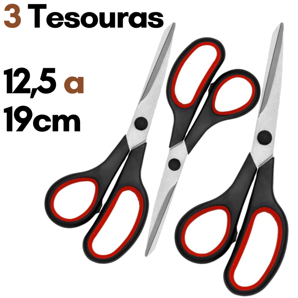 Kit Tesoura Aço Inox Ponta Fina Jogo 3 Tesouras Corte Multiuso Inoxidavel