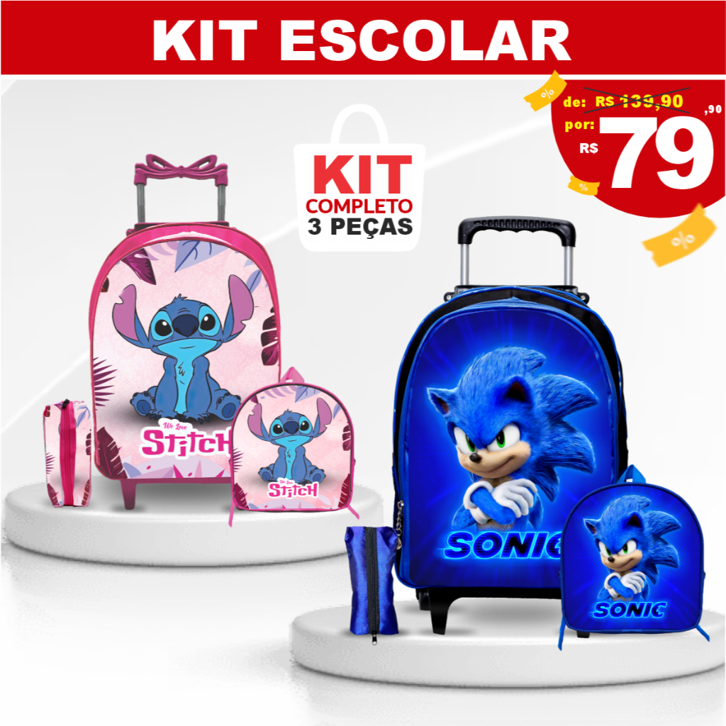 Kit Mochila Escolar Stitch Angel de Rodinhas com Lancheira + Estojo – KIT COMPLETO