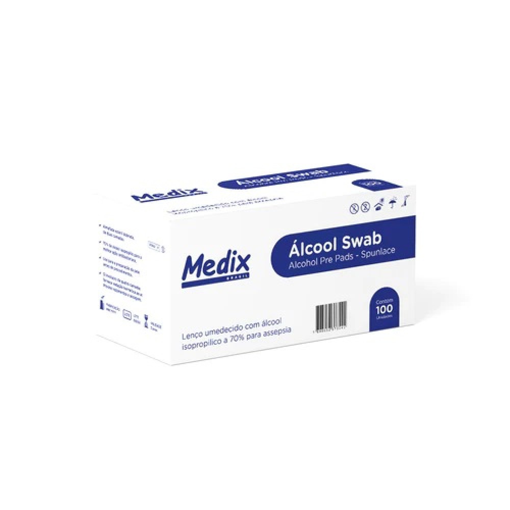 Álcool Swab 70% Assepsia Lenço Umedecido 100 Unidades Medix