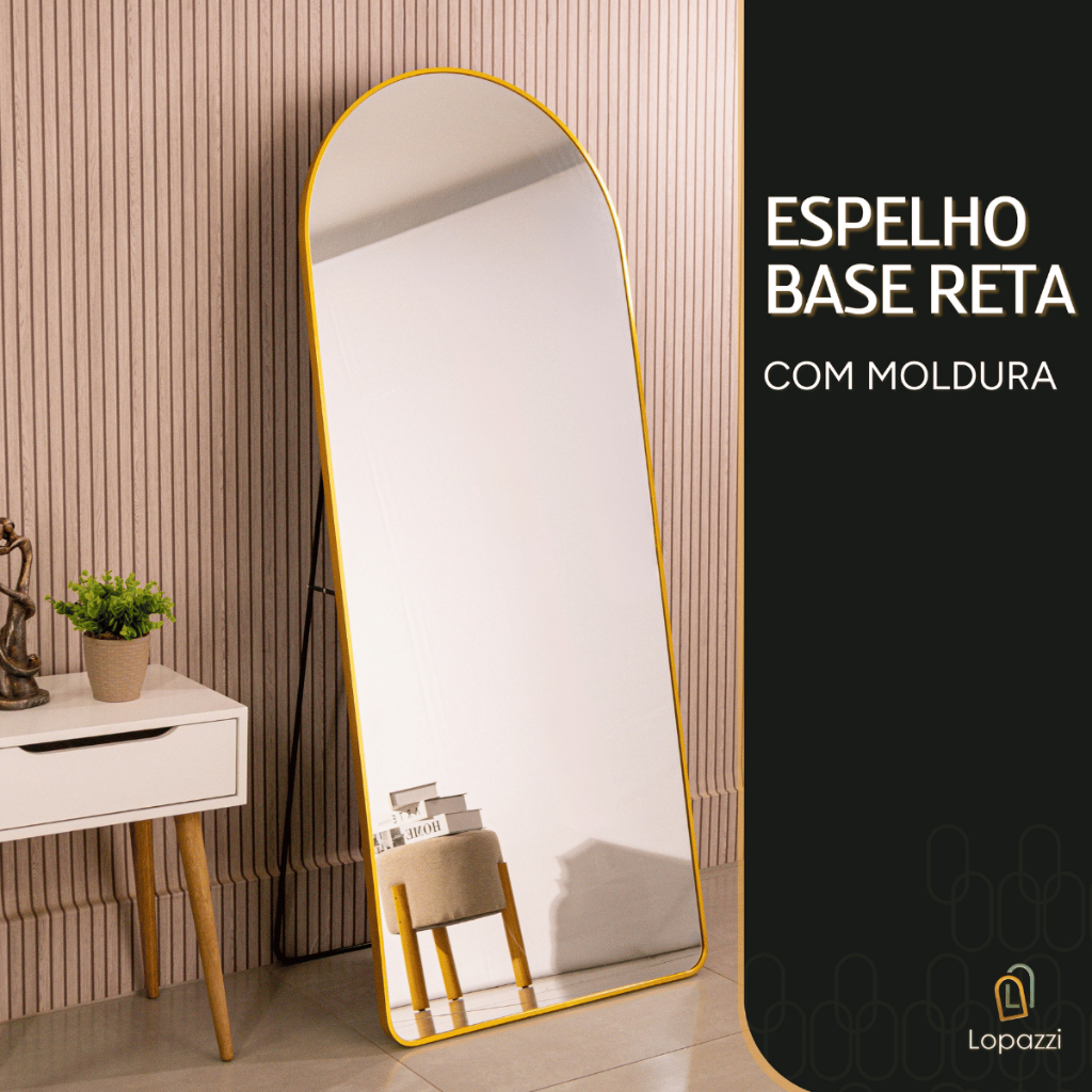 Espelho Lopazzi Base Reta Corpo Inteiro 170×70 Com Suporte de Chão Moldura Alumínio Quarto Sala Deco