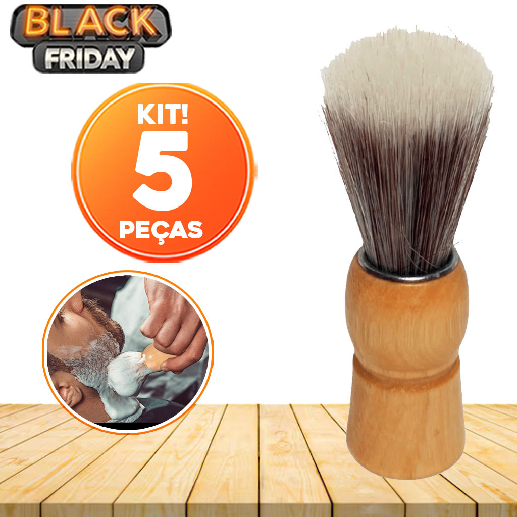 Kit Barbeiro com 5 Pincéis de Barbear com Cabo de Madeira e Cerdas Macias – Ideal para Salão e Barbe