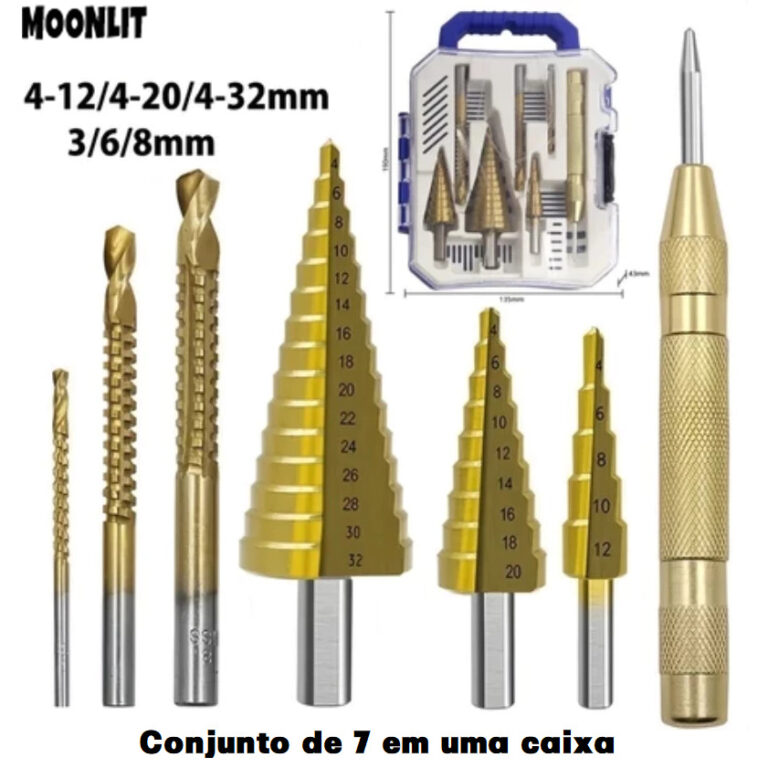 Kit 3/4/6/7 Brocas Titânio Escalonada Amarela Aç