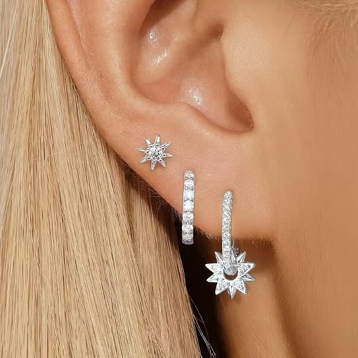 KIT 3 PARES Prata 925 de Brincos estrela 8 pontas 