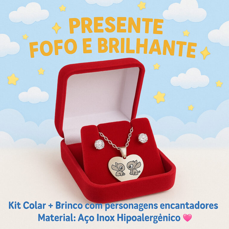 Colar Infantil com Pingente Fofo Stich + Brincos B
