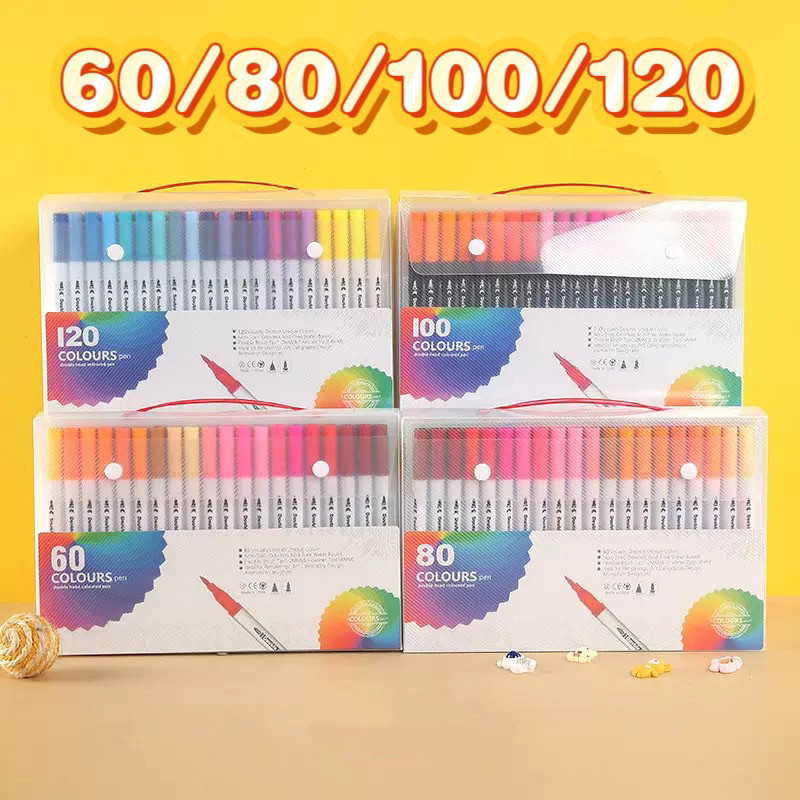 Kit 60/80/100/120 Canetas 2 em 1 Brush Lettering e Ponta Fina Dual Pen Canetinha Colorir Desenho