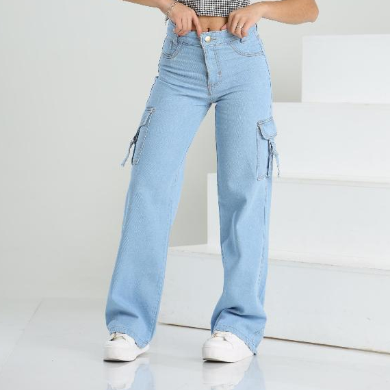 Calça Cargo Jeans Menina Juvenil Cintura Alta Mod