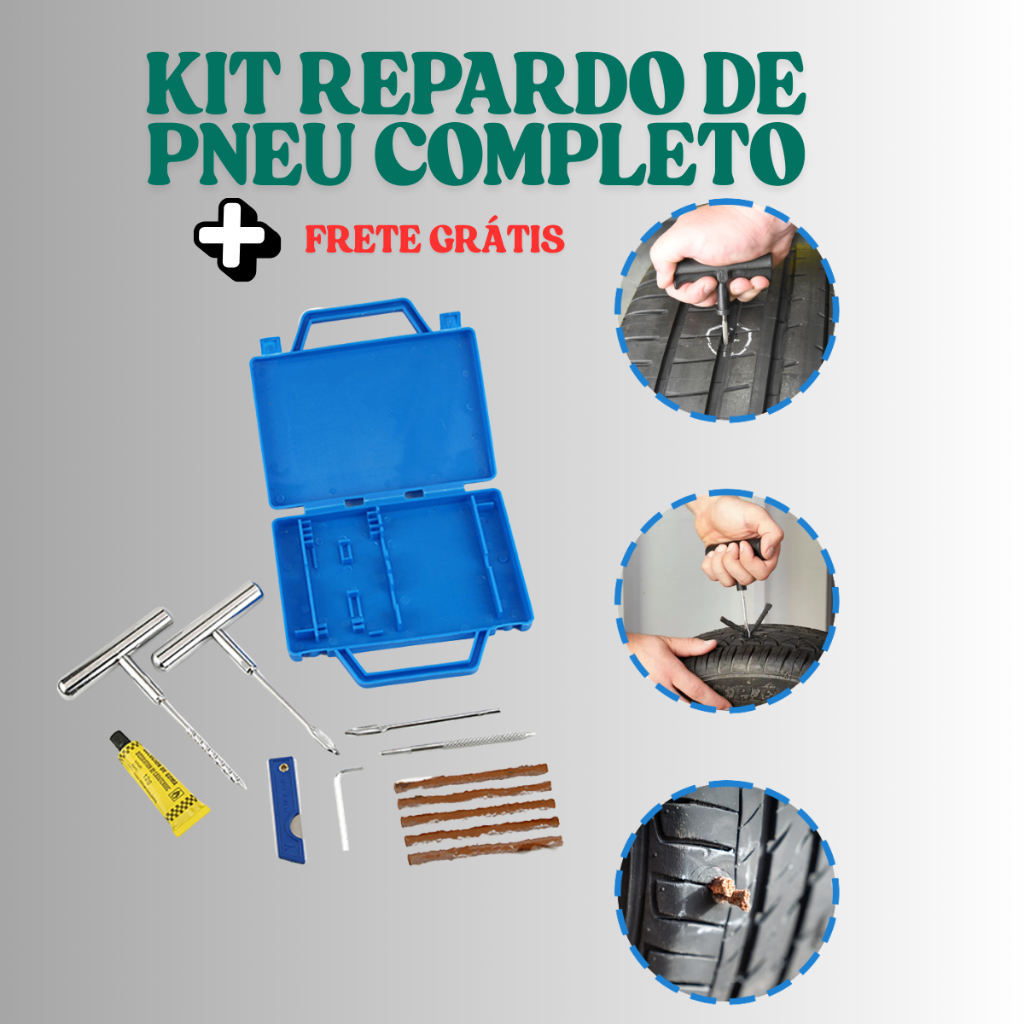 Kit Reparo Conserto Furo Remendo Pneu de Metal Para Carros Motos + Macarrão + Maleta premium 12 Peça