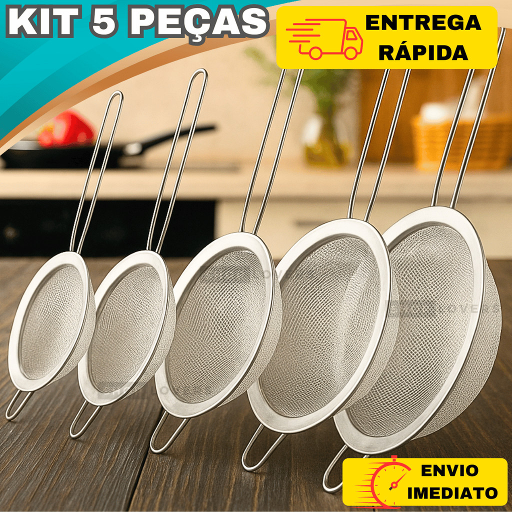 Kit ate 5 Peneiras  Inox Coador Para Cozinha com ate 5 Tamanhos Telinha Fina Multiuso Cozinha