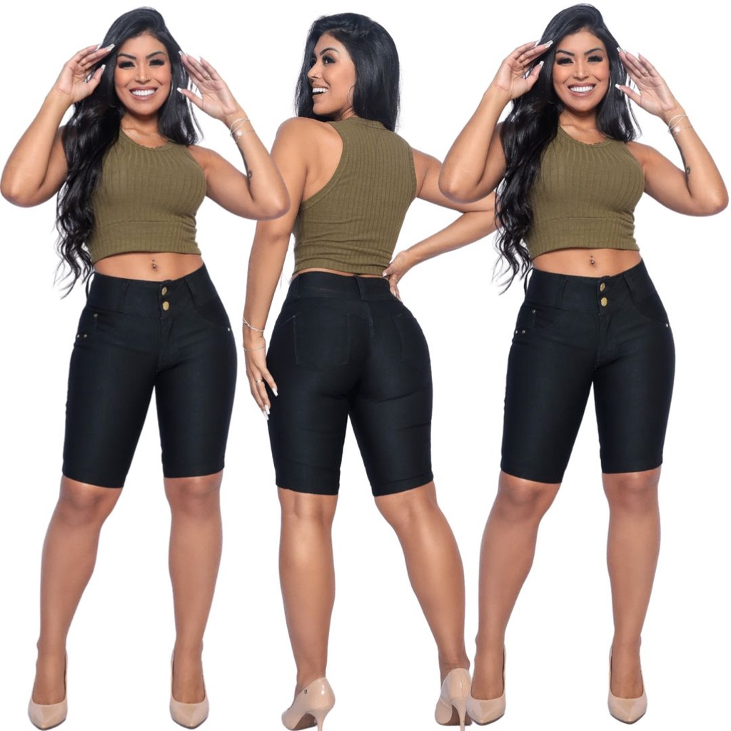 Bermuda Jeans Ciclista Preta Feminina Cós Intermediário Lycra elastano Boa e Barato