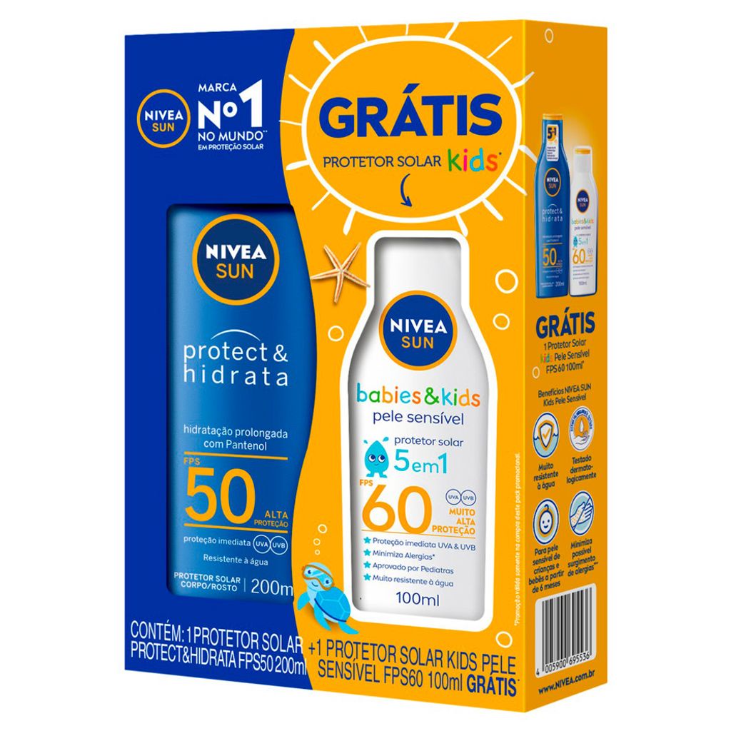 Protetor Solar Nivea Sun Protect E Hidrata FPS 50 Loção 200ml e Ganhe Protetor Solar Nivea Sun Kids