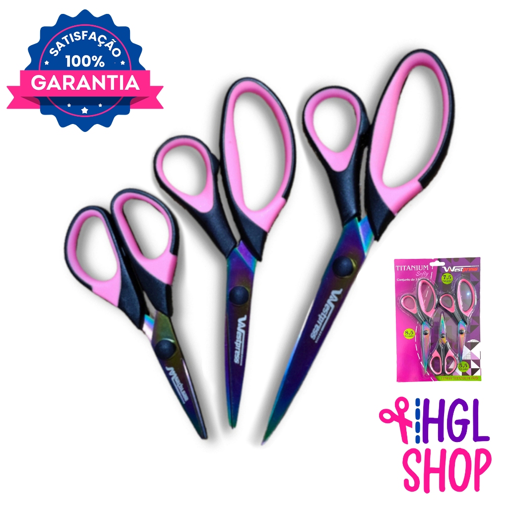 KIT 3 Tesouras Westpress Titanium Profissional – Não Perde Corte – Cor Branca