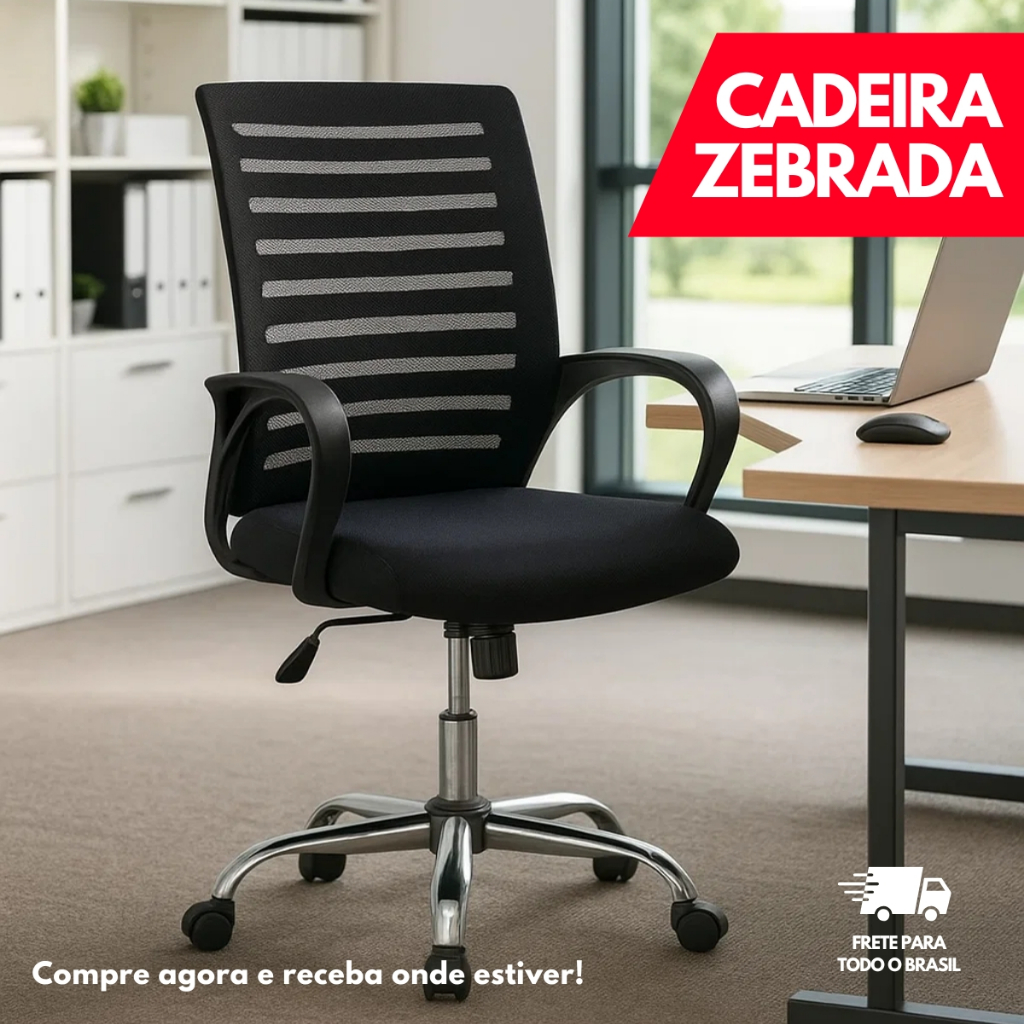 Cadeira De Escritório Giratória Diretor Base Cromada Estofado Mesh Office Preto