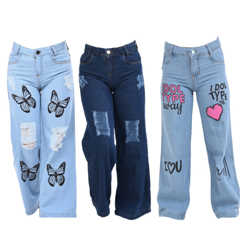 Kit 3 Calças Jeans Menina Wide Leg Infantil e Juv