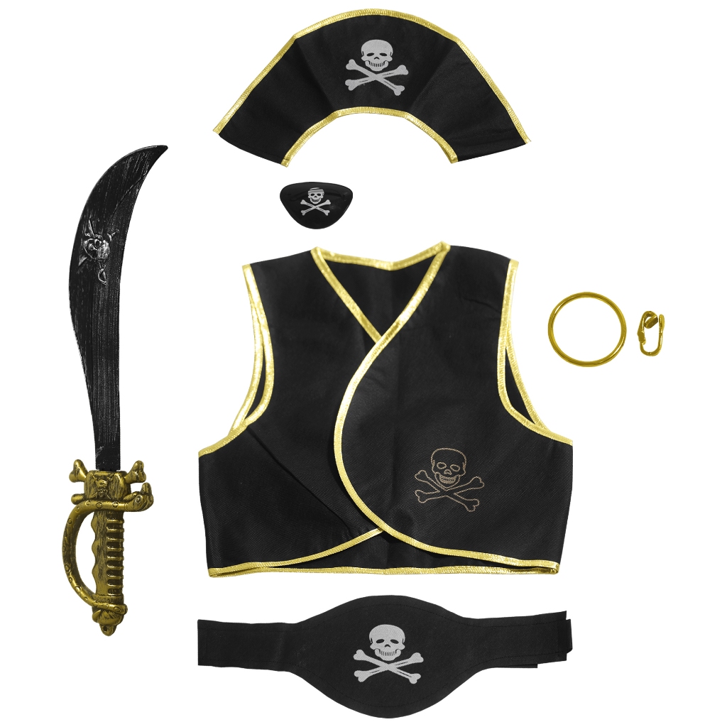 Kit Fantasia Pirata Completa Infantil Unissex Acessórios Colete Tapa Olho Bandana Espada Festa