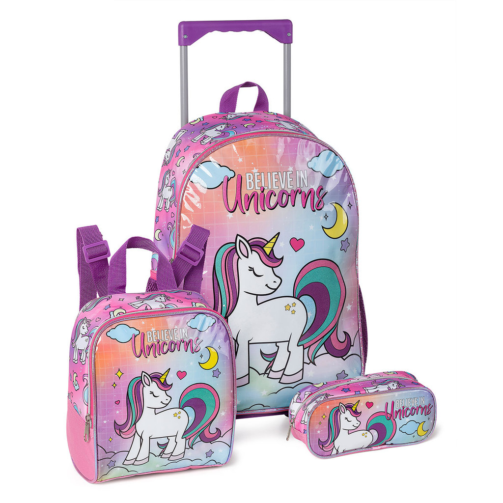 Kit Escolar Mochila Escolar Infantil Menina Rodinha Unicórnio Lancheira Estojo Com Alça
