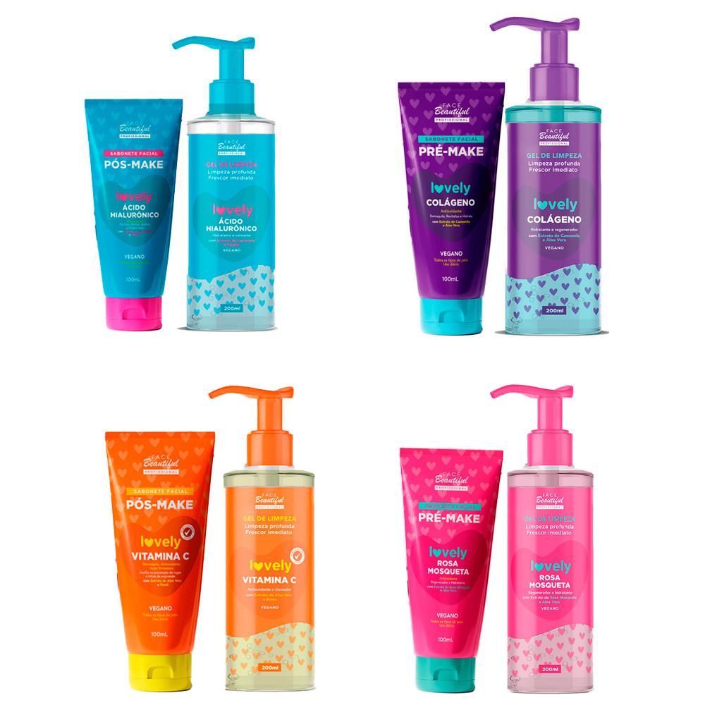 Kit Sabonete de Rosto Pré Make  e Pós Make Gel de Limpeza Facial Lovely Face Beautiful