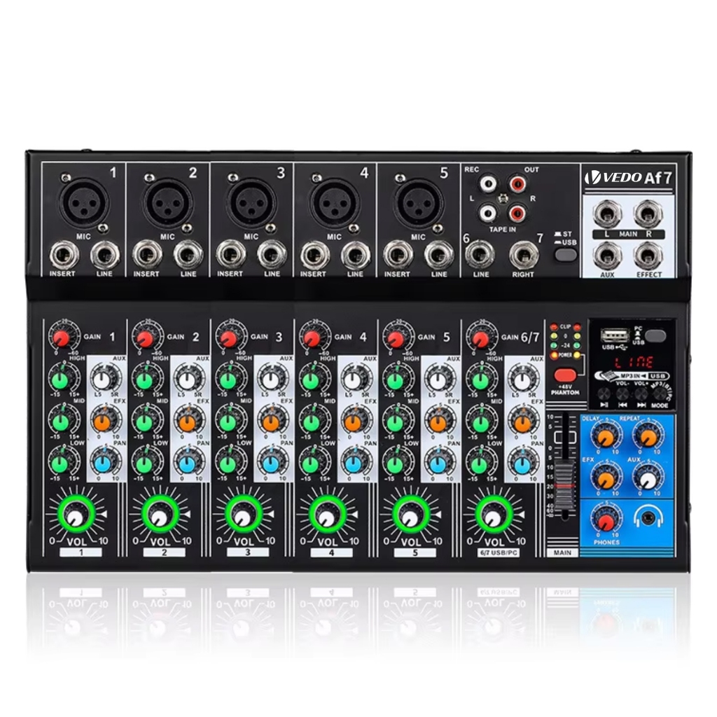 VEDO Mesa de som 7/4 Canais AF7/AF4 Mixer Com Placa de som integrada Bluetooth/48V Phantom Power/PAN