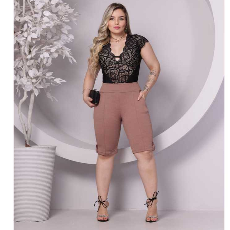 Bermuda Feminina Social Cintura Alta com Botão e 