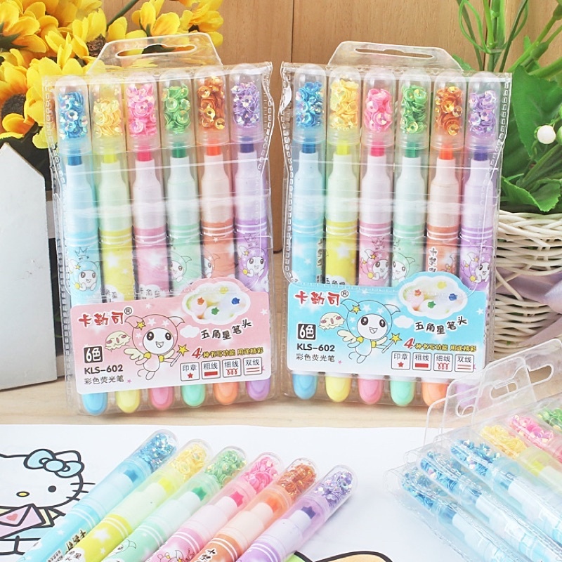 6 Cores Marca Texto Ponta Estrela e Lantejoulas Com Glitter no Tampa Papelaria/Escritório/Escola/Mat