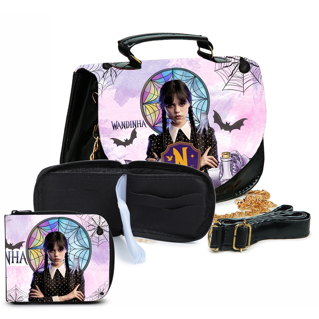 Kit Bolsinha Wandinha Addams Infantil Luxo Com Carteira