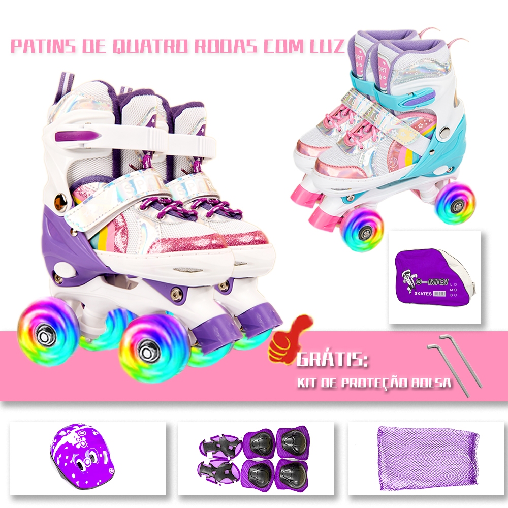 Patins 4 Rodas Infantil Arco Íris Led Tamanho ajustavel + Kit Proteção+Bolsa FPA6511