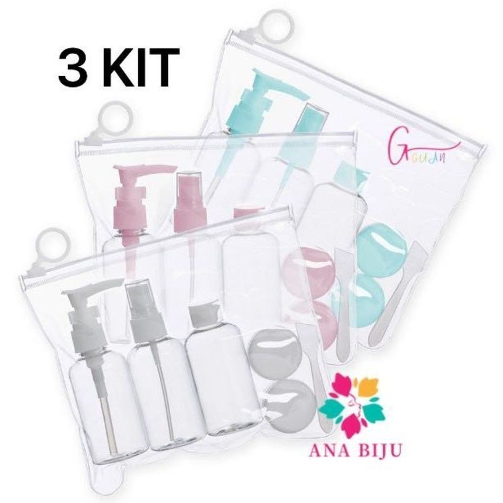 Kit 3 ou 2 ou1 unidades de Kit Viagem com 6 Potes e 1 paleta E Necessaire Ziplock Para Cuidado Pesso