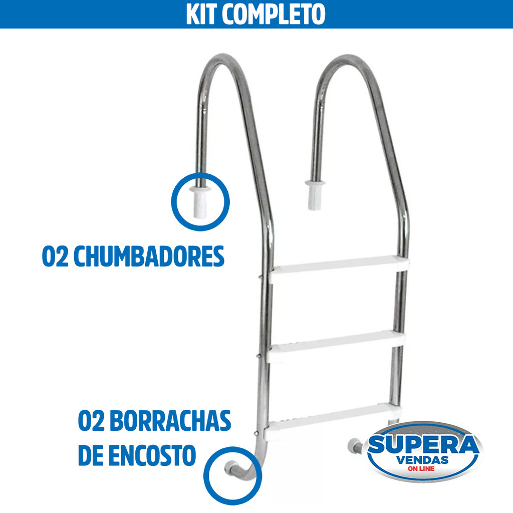 Escada Piscina Aço Inox Com 3 Degraus Abs Corrimão Resistente