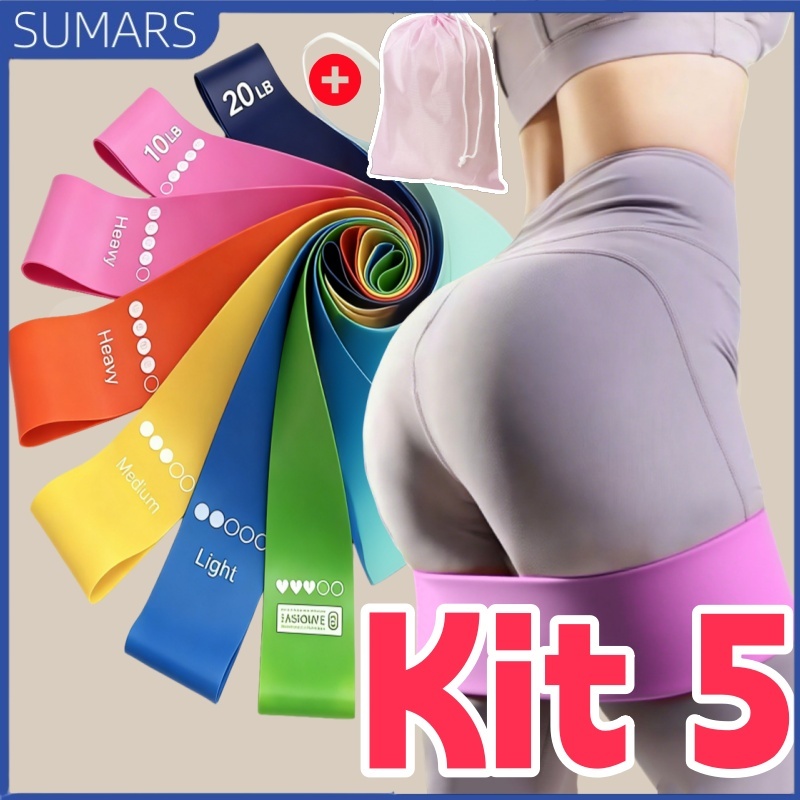 Kit 5 Faixas Elástica de Resistência Silicone para Yoga Pilates Fisioterapia Treino Academia