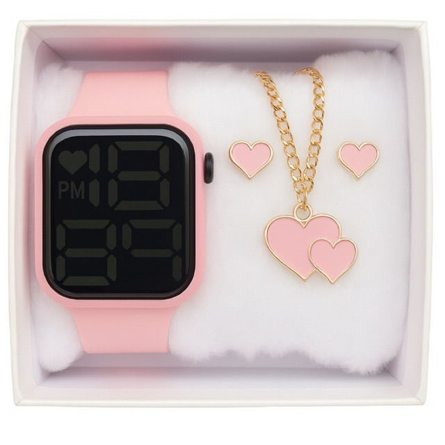Kit relógio feminino infantil com colar e brincos