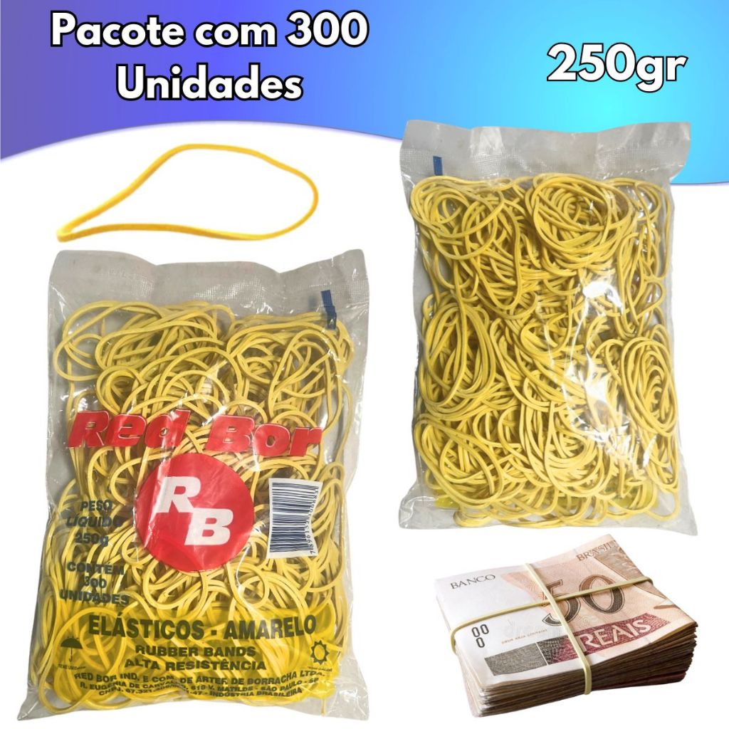 Elástico de Borracha Amarelo 250gr 300Un Látex P/ Dinheiro Escolar Escritório N°18 P/ Pamonha