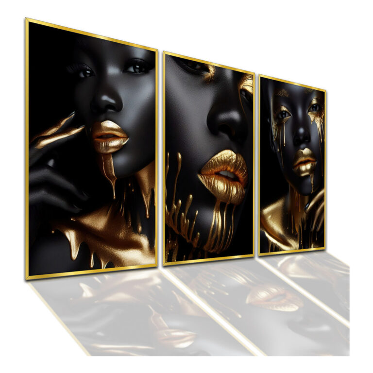Kit 3 Quadros Mulheres Negras Afro Luxo Dourado De