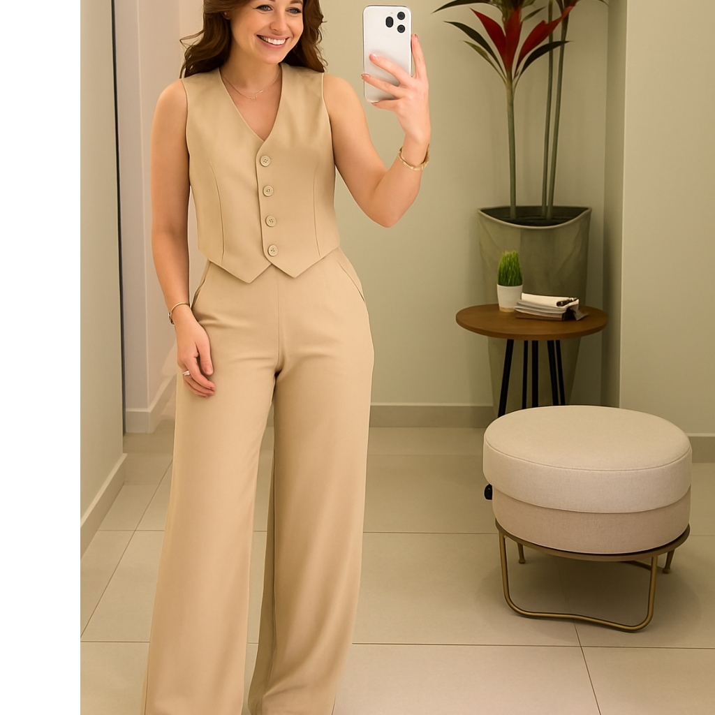 CONJUNTO FEMININO SOCIAL ELEGANTE   COLETE E CALÇA ALFIATARIA