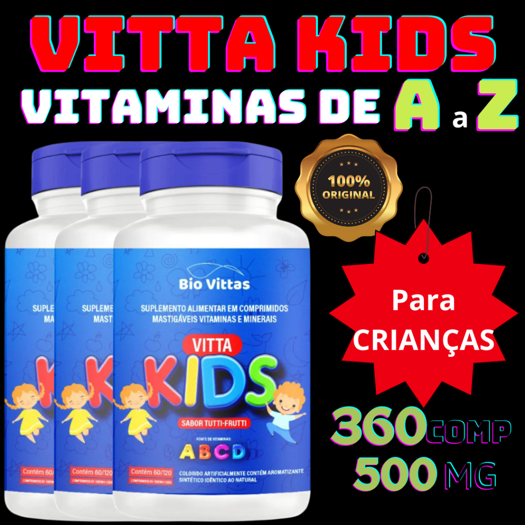 VITAMINA INFANTIL – Mastigável Vitta Kids – Sabor Tutti Frutti – 120 COMP – completa – BIO VITTAS