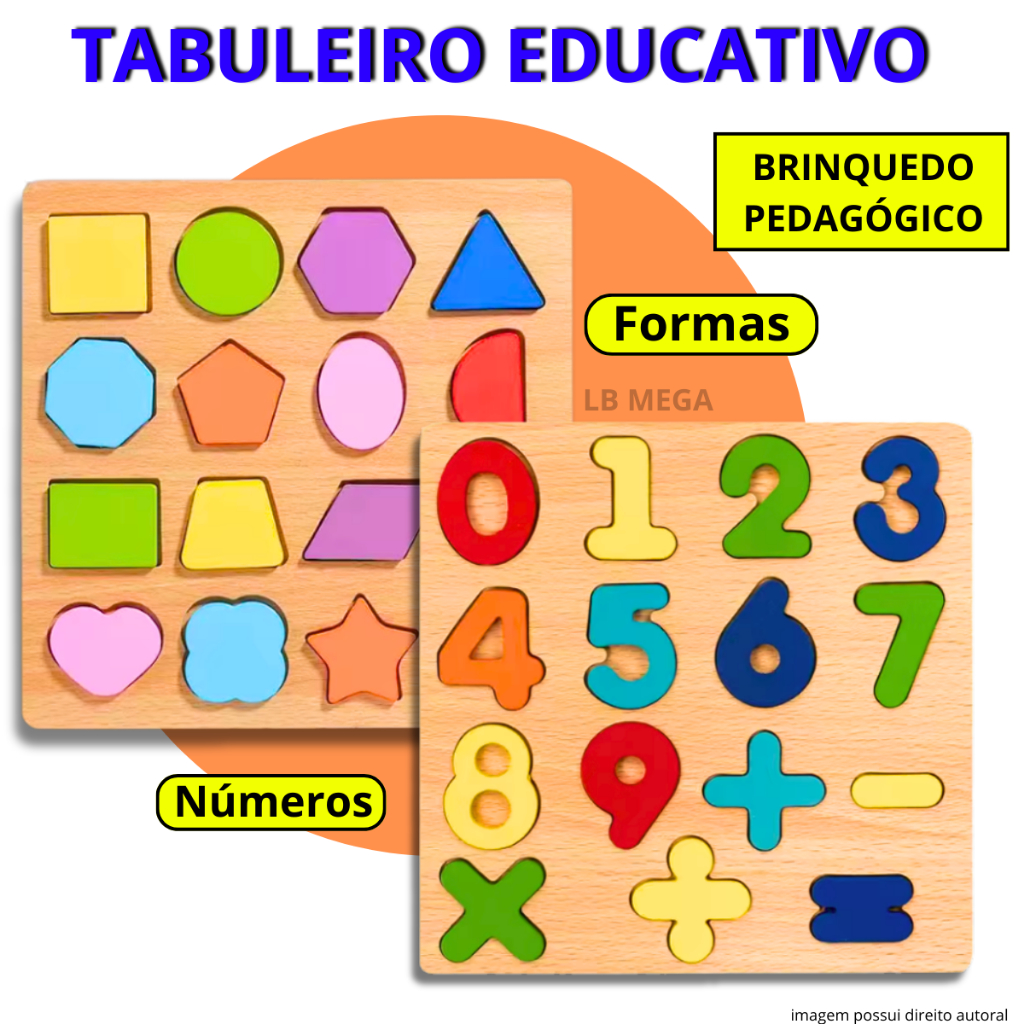 Brinquedo Educativo Pedagógico Tabuleiro Infantil Letras Números e Formas Geométricas
