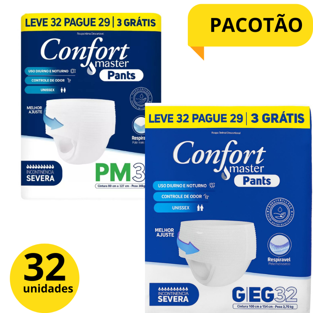 Fralda Calça Geriatrica Pants CONFORT MASTERP/M G/XG PACOTÃO 32 UN Incontinecia SEVERA /Intensa