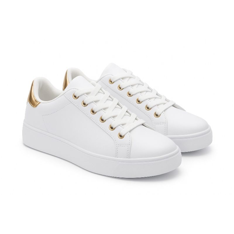Tênis Feminino Branco Plataforma Confortável Casual Detalhe Dourado Moda 2026