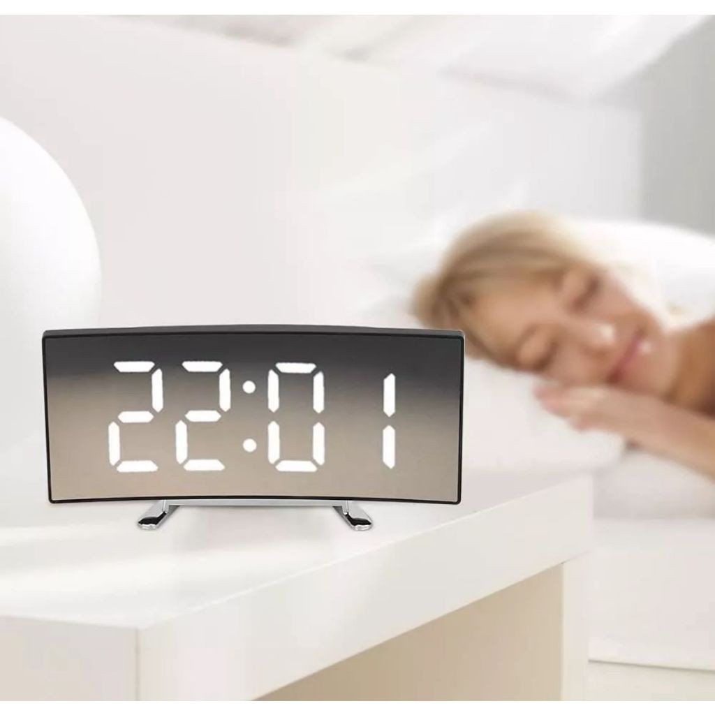 Led Relógio Digital Espelho Tela Curvada 7 Polegada De Mesa Com Temperatura Alarme Soneca Voz Ativaç